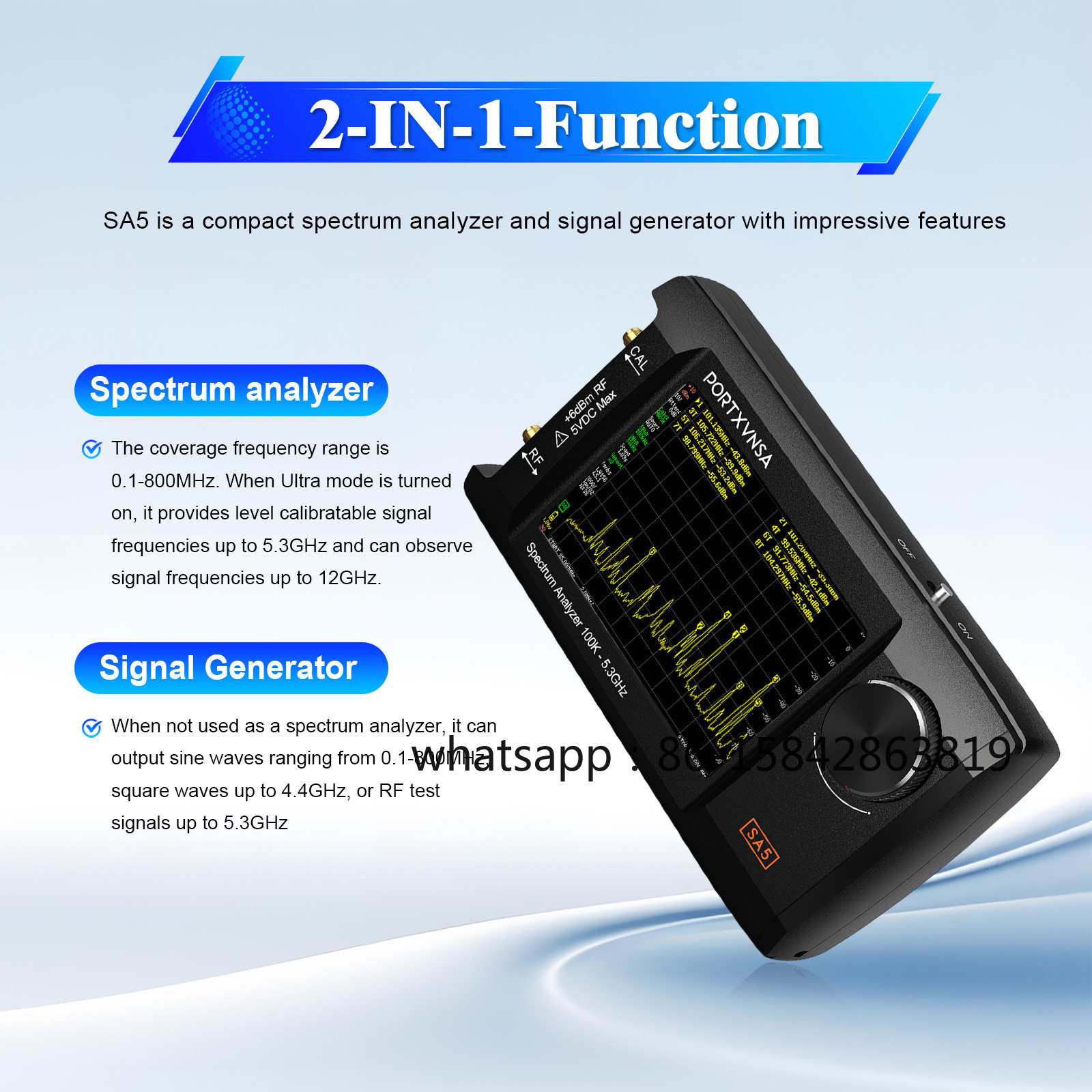 Signal Generator Spectrum Analyzer - Analizador de Espectro Portátil SA5, Generador